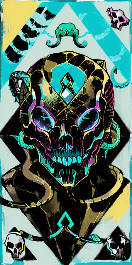 (a skull with triangle in the background, cyan color), (snake viper:1.25),  <lora:tarot card 512x1024:1>
